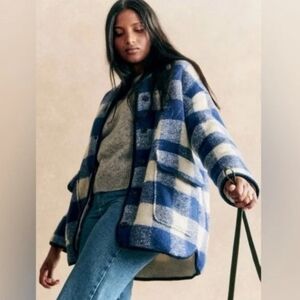 Sezane Farel Reversible Jacket in Ecru Blue Check